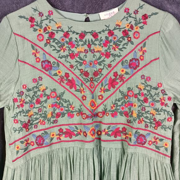 Umgee Mini Dress Women Small Sage Green Embroidered Bell Sleeve Boho Peasant - Picture 8 of 10